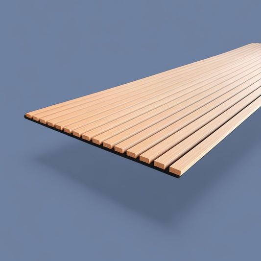 Side view of Vantaa Brown acoustic wood slat panel showing vertical slats and profile against white background.