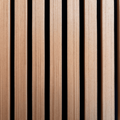 Angled close-up of Vantaa Brown wood slat panel floating above teal surface, emphasizing slatted design and warm brown tones.
