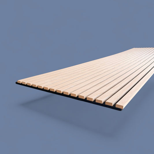 Close-up view of Vantaa light oak wood slat acoustic panel against teal background, showcasing vertical striped design and premium texture.