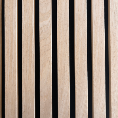 Extreme close-up detail of Vantaa acoustic wood slats in light oak finish, highlighting natural grain, precise spacing, and high-quality craftsmanship on black background.