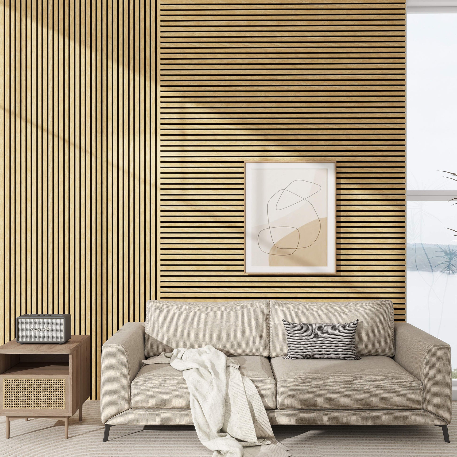 Small Living Room with mix Vantaa Acoustic Panels 60 x 60 and 240 x 60