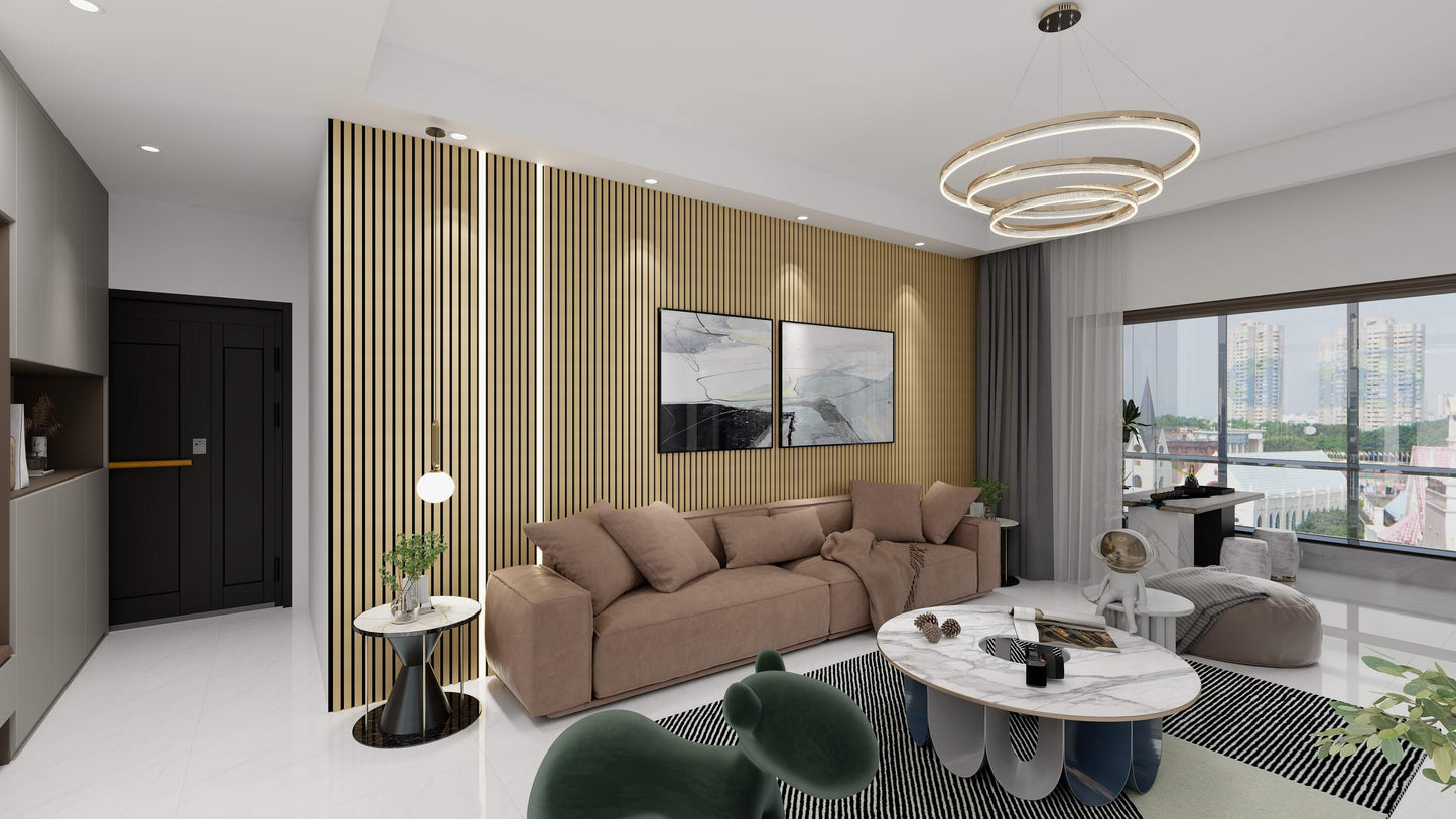 Living Room with Vantaa Acoustic Panlel Oak 240x60