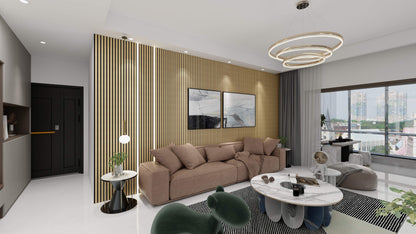 Living Room with Vantaa Acoustic Panlel Oak 240x60