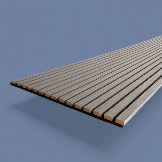 Angled view of Vantaa Grey acoustic wood slat panel floating above teal surface, showcasing modern slatted design in sophisticated gray tones.