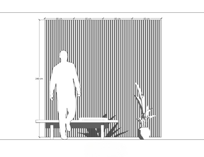 Black and white line drawing of a person with a cane standing next to a bench against a striped wall.