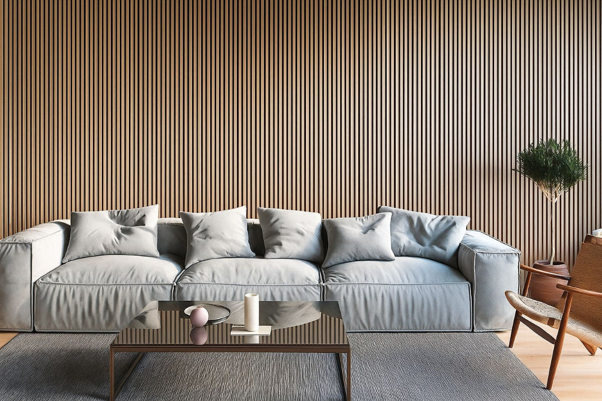 Contemporary living room with Vantaa acoustic panels forming a full warm wood slat wall behind a light blue modular sofa, glass coffee table with candle, potted plant, wooden chair, and gray rug.