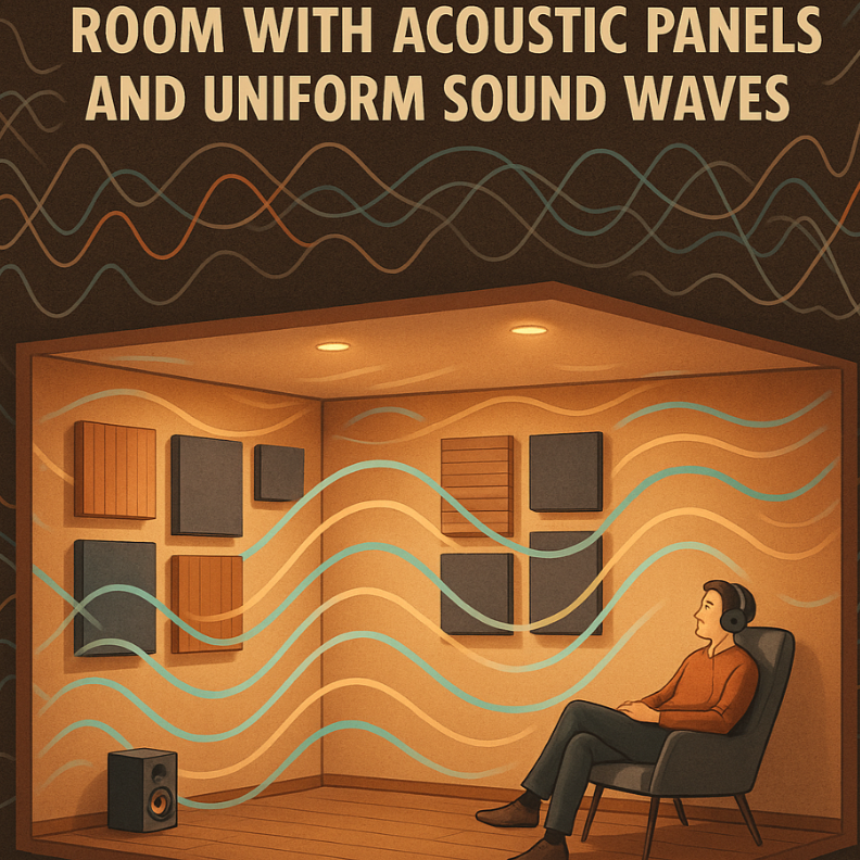 Illustration of a room with acoustic panels and uniform sound waves, with a person sitting in a chair.
